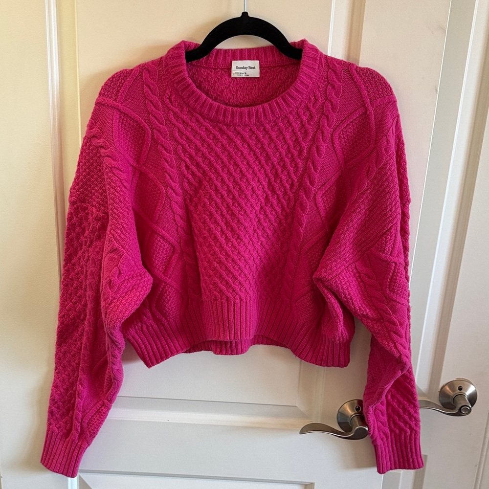 Sunday Best Cropped Cable Knit Crewneck Sweater - Fuchsia - Aritzia